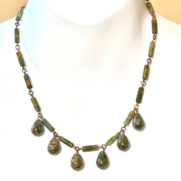 Rustic Natural Green Waterdrop Unakite Necklace, Genuine Gemstone + Copper Chain - Picture 2 of 12